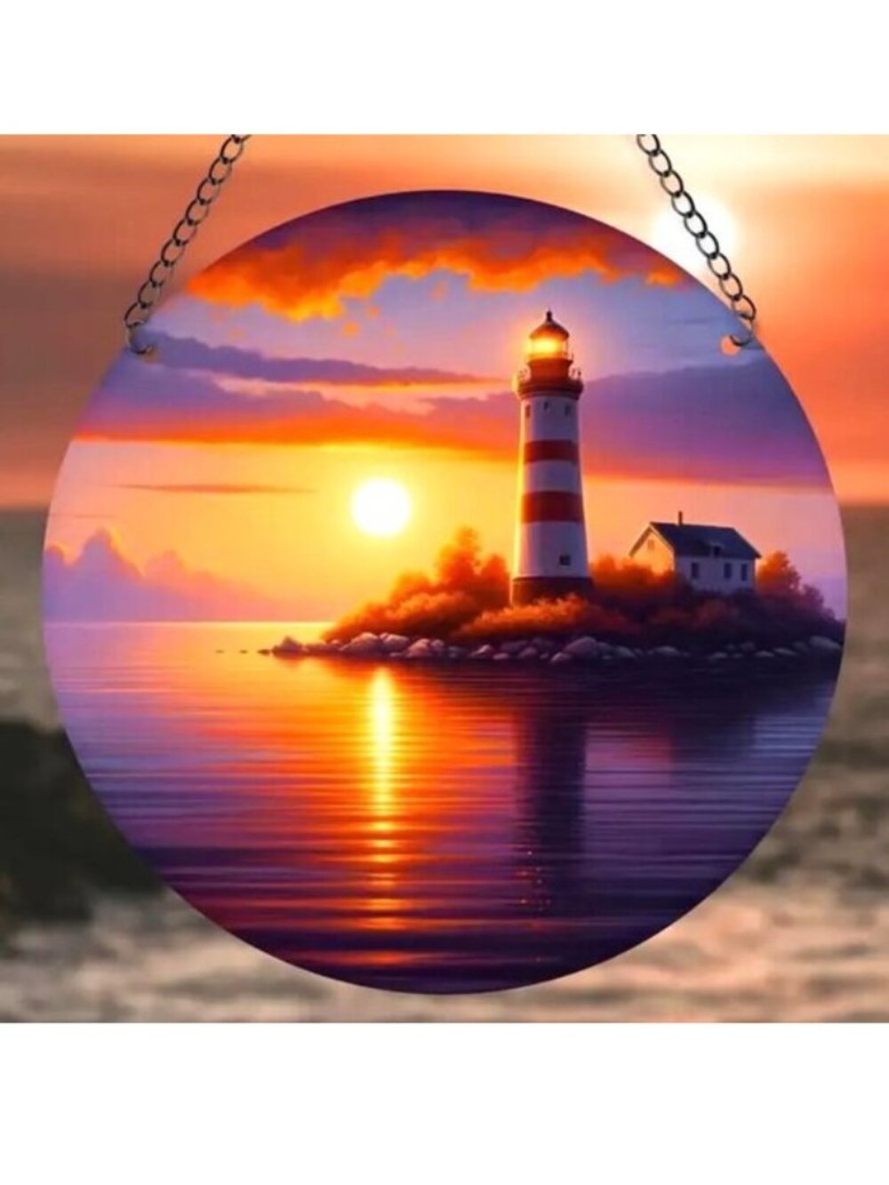 Lighthouse Suncatcher Ocean Sea Sunset Metal Hanging Chain Window In/Outdoor